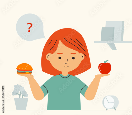 Little girl choosing apple or burger. Healthy vs unhealthy food for kid. Child with fastfood and fruit. 