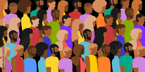 Big crowd of people of different nationalities with different skin tone and hair color dressed in colourful clothes, all standing together