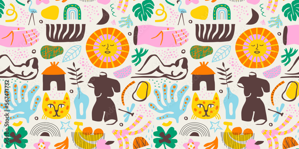 Abstract summer nature shape art seamless pattern with colorful freehand doodle. Organic flat cartoon background print, simple random cutout shapes in bright childish colors. Abstract summer nature shape art seamless pattern with colorful freehand doodle. Organic flat cartoon background print, simple random cutout shapes in bright childish colors.