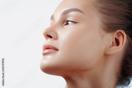 Face of young beautiful woman in closeup. Clear skin, nude makeup photo