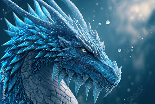 Blue giant dragon with scales on winter background. Mythological creature. Generative AI