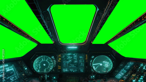 Foto view from cockpit of spaceship,  pilot view from starship shuttle green screen n