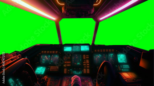 Fototapeta Naklejka Na Ścianę i Meble -  view from cockpit of spaceship,  pilot view from starship shuttle green screen new quality universal colorful joyfultechnology travel stock image illustration design, generative ai
