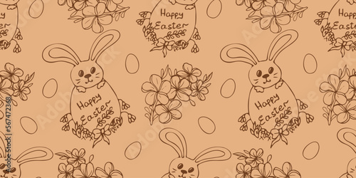 Easter bunny in an egg with a holiday inscription.  Vector hand drawn seamless pattern.