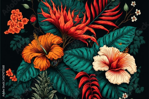 seamless pattern with compositions of hand drawn tropical flowers Generative AI