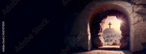 Empty tomb at sunrise. Easter concept created with generative Ai technology