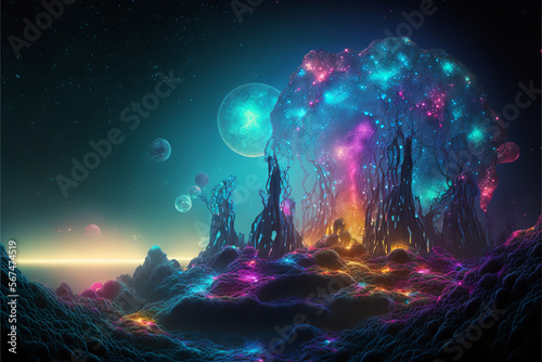 Landscape alien planet surface, fantasy world, neon colors - created with generative AI 
