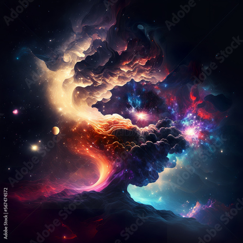 Colorful Waterink Style Galaxies Illustration, Cosmic Digital Art, Generative AI