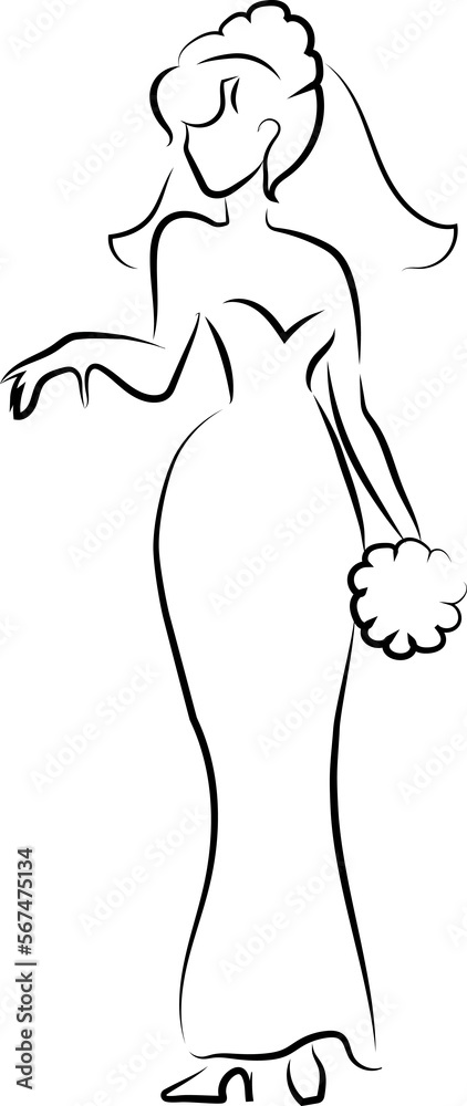Young beautiful bride in a veil and with a bouquet of flowers in her hand. Black outline. Scheme, logo. Young beautiful bride in a veil and with a bouquet of flowers in her hand. Black outline. Scheme, logo.