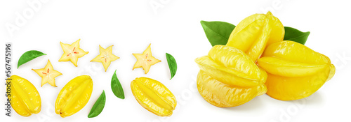 Carambola or star-fruit isolated on white background with copy space for your text. Top view. Flat lay photo