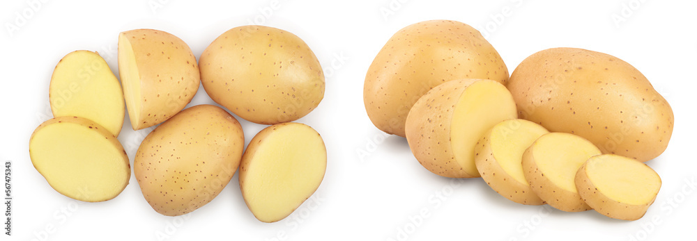 Fototapeta premium Young potato isolated on white background. Harvest new. Top view. Flat lay,