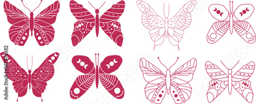 a set of isolated butterflies. Butterfly silhouette. Vector graphics of a butterfly. Butterfly color Viva Magenta, vector illustration. Viva Magenta color. 