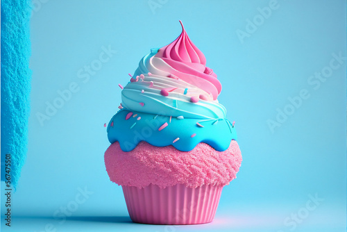 Sweet pink cupcake muffin with cherry, marshmallow