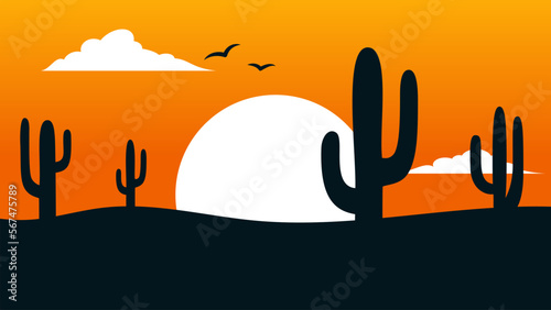 vibrant red and yellow sky, giant sun and saguaro silhouettes. minimalistic arizona scenery