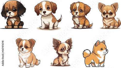 Bundle of colored cute dogs vector illustrations with isolated white background, Digital art, Vector