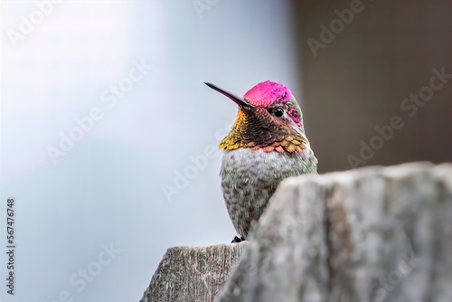 Male Anna's hummingbird perched on fence