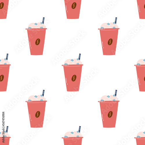 Seamless pattern with iced coffee in paper cup with cream and straw. Flat hand drawn vector background with cold drink for wrapping paper, web design