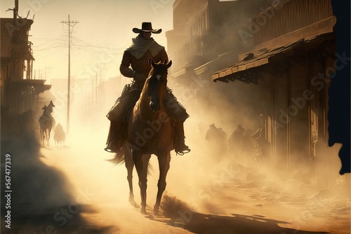Valokuvatapetti western style, city street rider, cowboy, illustration, movie