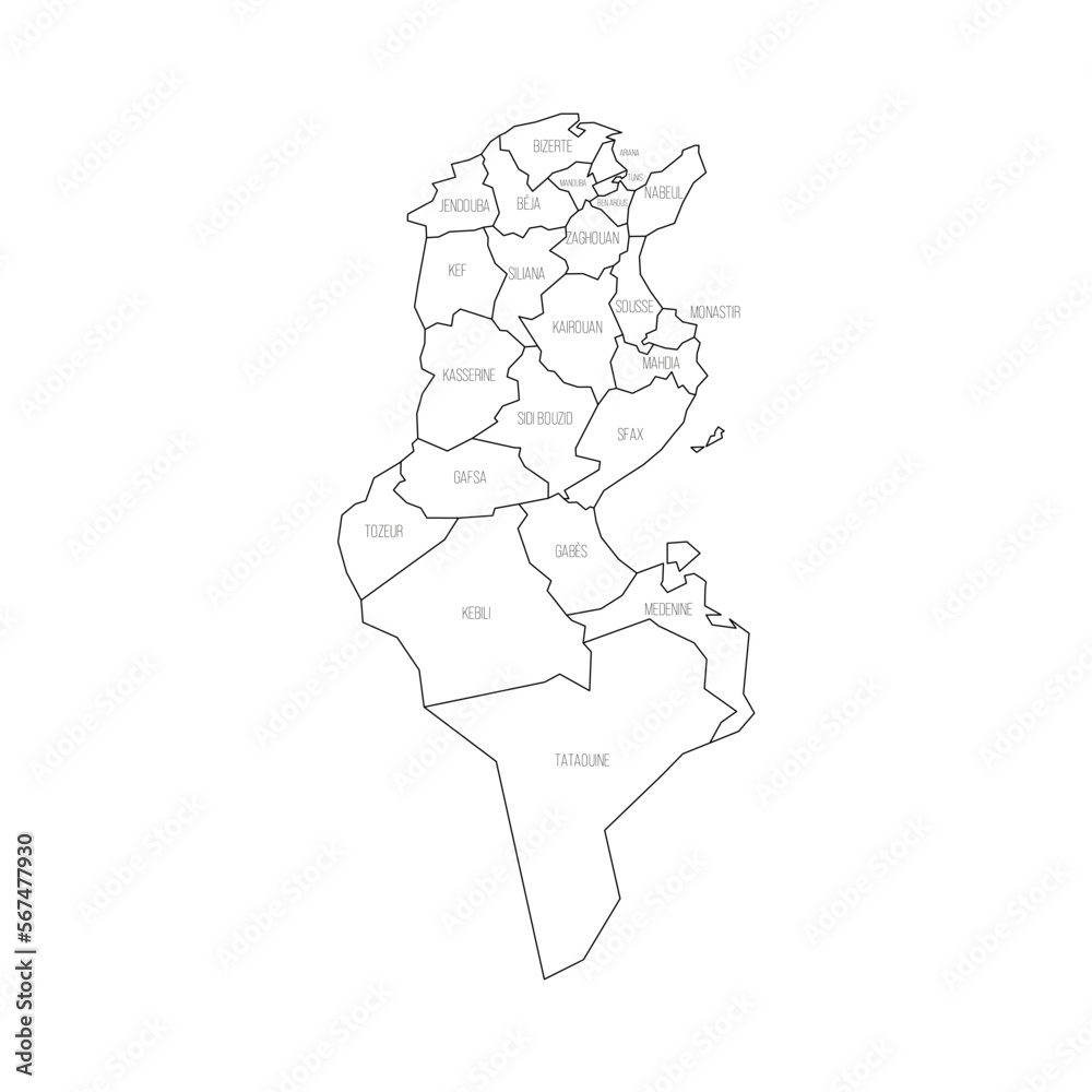 Tunisia political map of administrative divisions