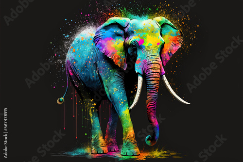 Colorful rainbow elephant, abstract art, black background