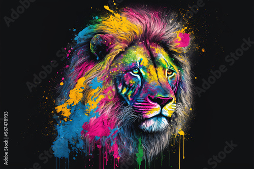 Colorful rainbow lion  abstract art  black background