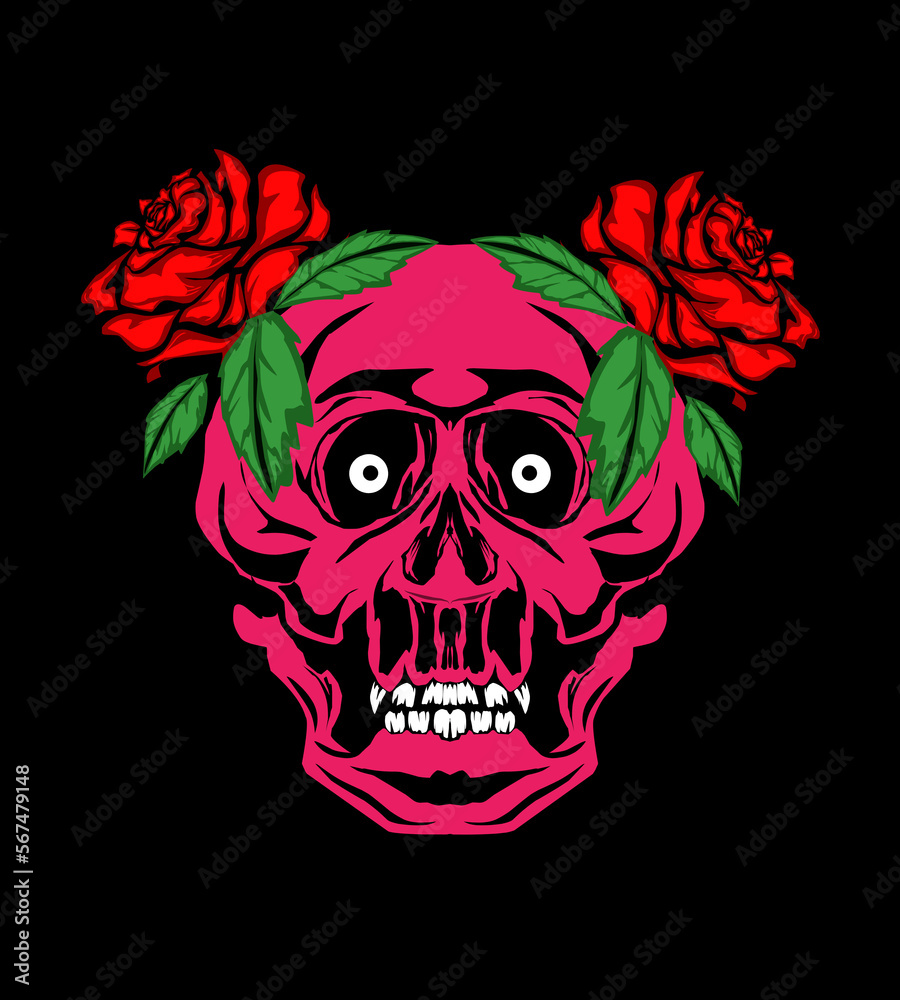 skull with red rose on black