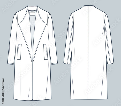 Unisex Coat technical fashion Illustration. Oversize Coat fashion flat technical drawing template, midi length, long sleeve, pockets, front and back view, white, women, men, unisex CAD mockup.