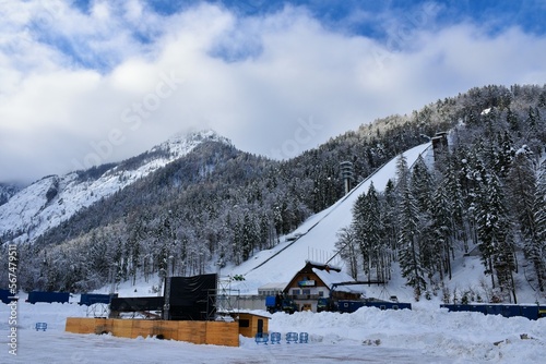 Rateče, Slovenia - January 26 2023: Ski jumping hill at Planica nordic centre near Ratece in Gorenjska, Slovenia in winter photo