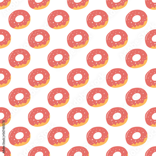 Seamless pattern with tasty donut in cartoon flat style. Hand drawn vector background of glazed donut, sweet pastry, bun, bagel
