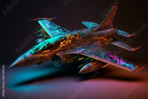 Neon Rainbow Coloured Futuristic Fighter Jet Illustration of stealth bomber from the future Fototapet