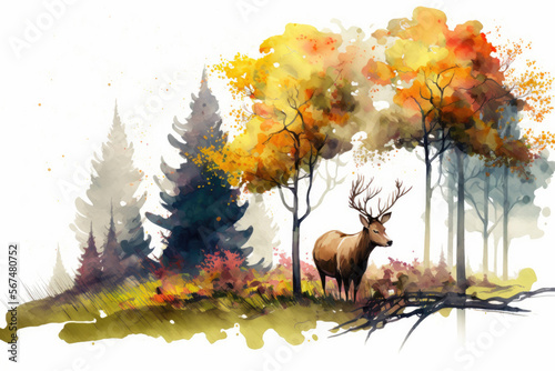 Digital watercolor painting European forest in autumn with trees and wildflowers with deer in a landscape  photo