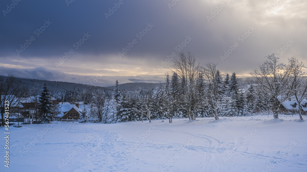 Magical winter scenery with frozen trees covered with white snow. Fantasy atmosphere at early sunrise on Bohemia mountains. 