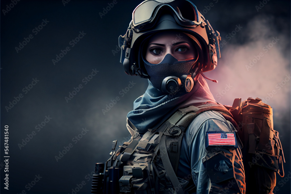 Close up of female soldier with gas mask | Female military close up | US Female military soldier full body with gun | US Female military soldier | Generative AI | Hyper realistic | Photorealism