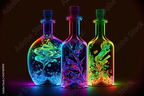 Abstract Neon Glass Bottles with Cork, Abstract Futuristic Clear Water style with flowers - Post produced AI generative Illustration