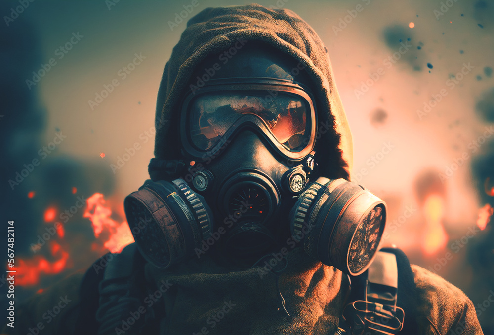 Gas mask on man during explosion. Chemical weapons against civil, destruction of houses and buildings. nuclear war concept. Nuclear explosion as a  radioactivity result of world military conflict. AI 