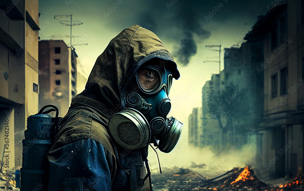 Gas mask on man during explosion. Chemical weapons against civil ...