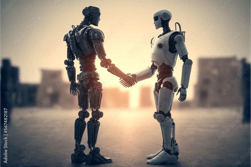 Meeting of two robots with a handshake. The concept of artificial intelligence taking over the world, AI generated Meeting of two robots with a handshake. The concept of artificial intelligence taking over the world, AI generated