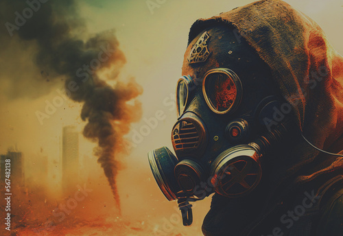 Gas mask on man during explosion. Chemical weapons against civil, destruction of houses and buildings. nuclear war concept. Nuclear explosion as a  radioactivity result of world military conflict. AI 
