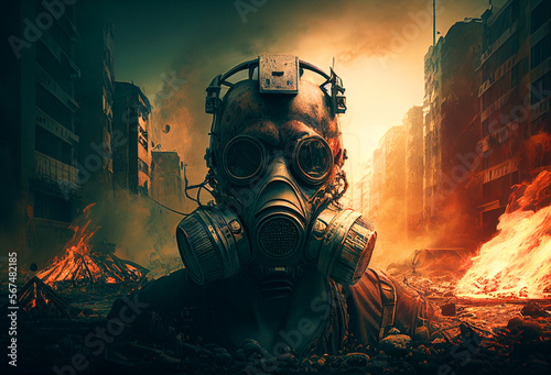 Obraz na płótnie Gas mask on man during explosion