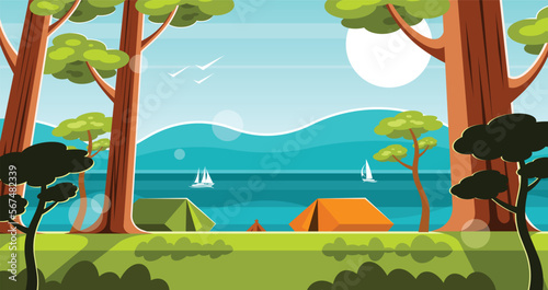 Tent camp in the woods on the banks of the river in the background of a mountain landscape. Vector illustration