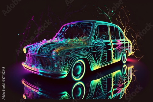 Classic Car in Neon Colors - Old School Racing Green luxury Car English Style  Wallpaper and Poster - Post produced Ai generative illustration
