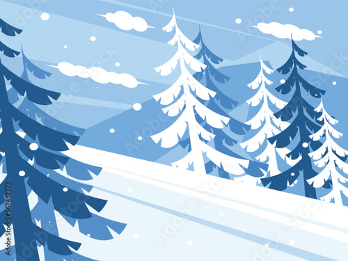 Winter mountain landscape. Spruces growing in the mountains. Mountain for skiers and snowboarders. Vector graphics