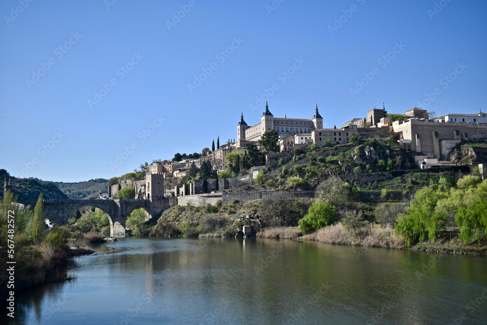 Panoramic view of Alcazar de Toledo, next to the river.