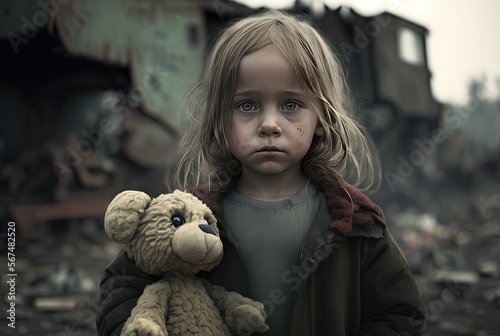 a girl holding his teddy bear with destructive civilian area during war time, sorrow scenery of war victims, idea for support children's right , especially Ukrainian, Generative Ai