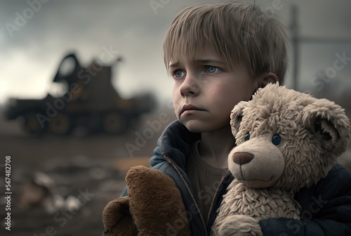 a boy holding his teddy bear with destructive civilian area during war time, sorrow scenery of war victims, idea for support children's right , especially Ukrainian, Generative Ai