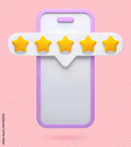 Vector 3d realistic illustration of 5-star feedback, evaluation of a product or service on the background of a telephone display