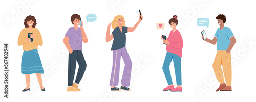 Set of Young smiling people using smartphones for Communication, talking, chatting in social media. Men and women holing phones. Vector illustration isolated on white background.