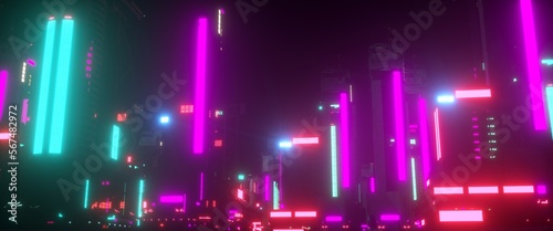 Night city lights. Neon urban future. Futuristic city in a cyberpunk style. Photorealistic 3D illustration. Futuristic skyscrapers with huge luminous billboards.