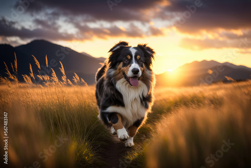 An Australian Shepherd with a long, flowing coat, running through a field of tall grass with the wind blowing its hair, with a dramatic sunset and majestic mountains background. Generative AI.