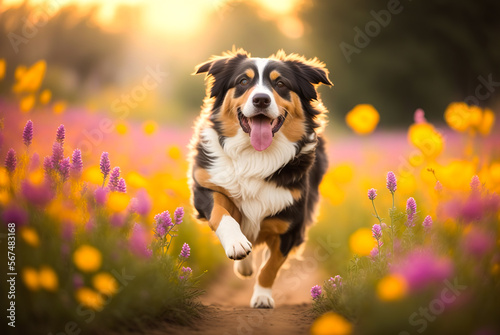 An Australian Shepherd dog runs through a field of wildflowers, with a look of pure joy on its face. Generative AI.
